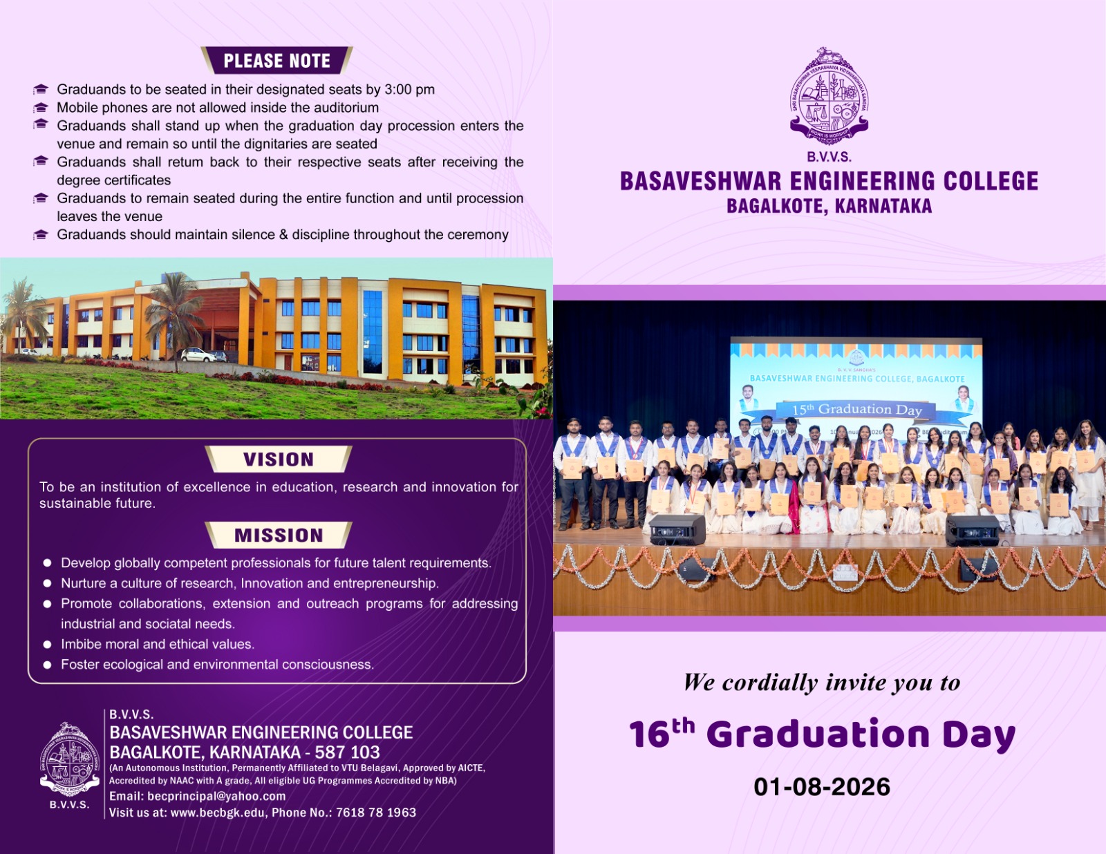 16th Graduation Day brochure cover and college highlights