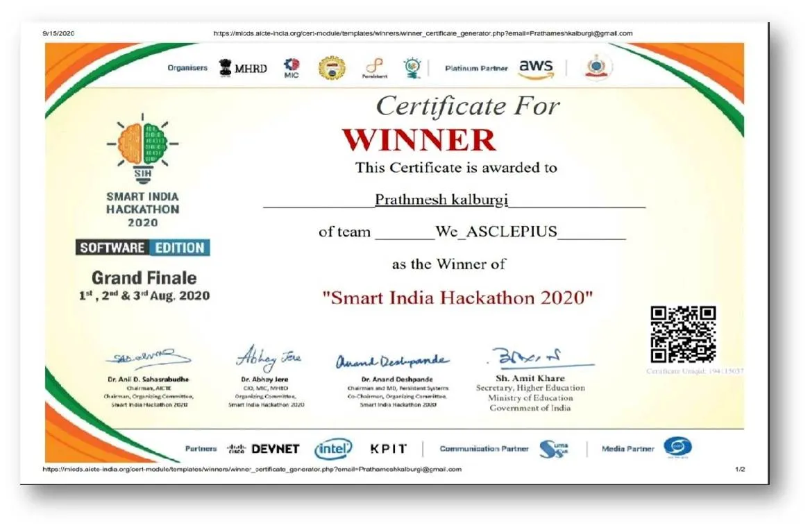 Smart India Hackathon 2020 — Winner
