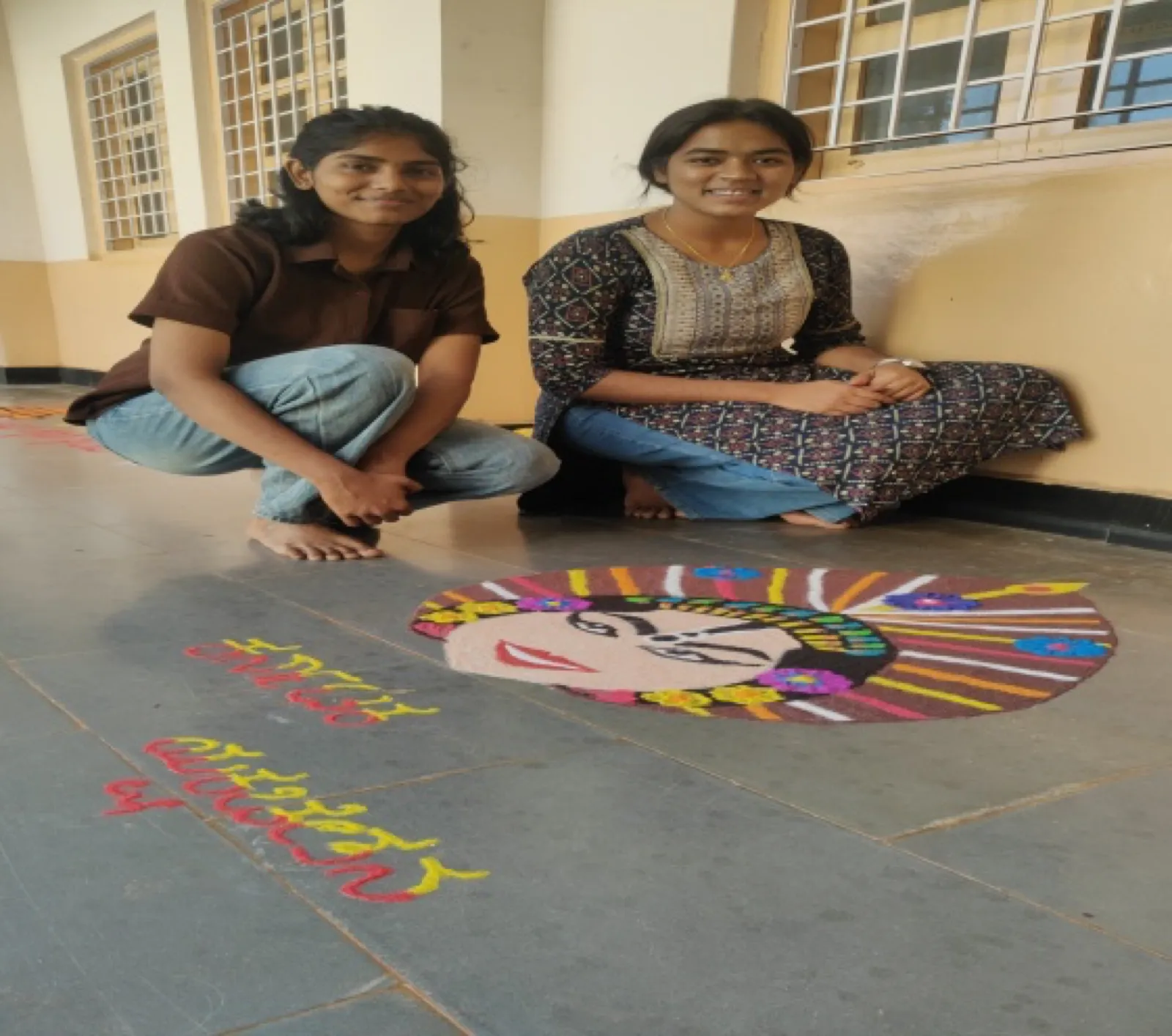 Students with their Rangoli entry at Karnataka Vaibhav