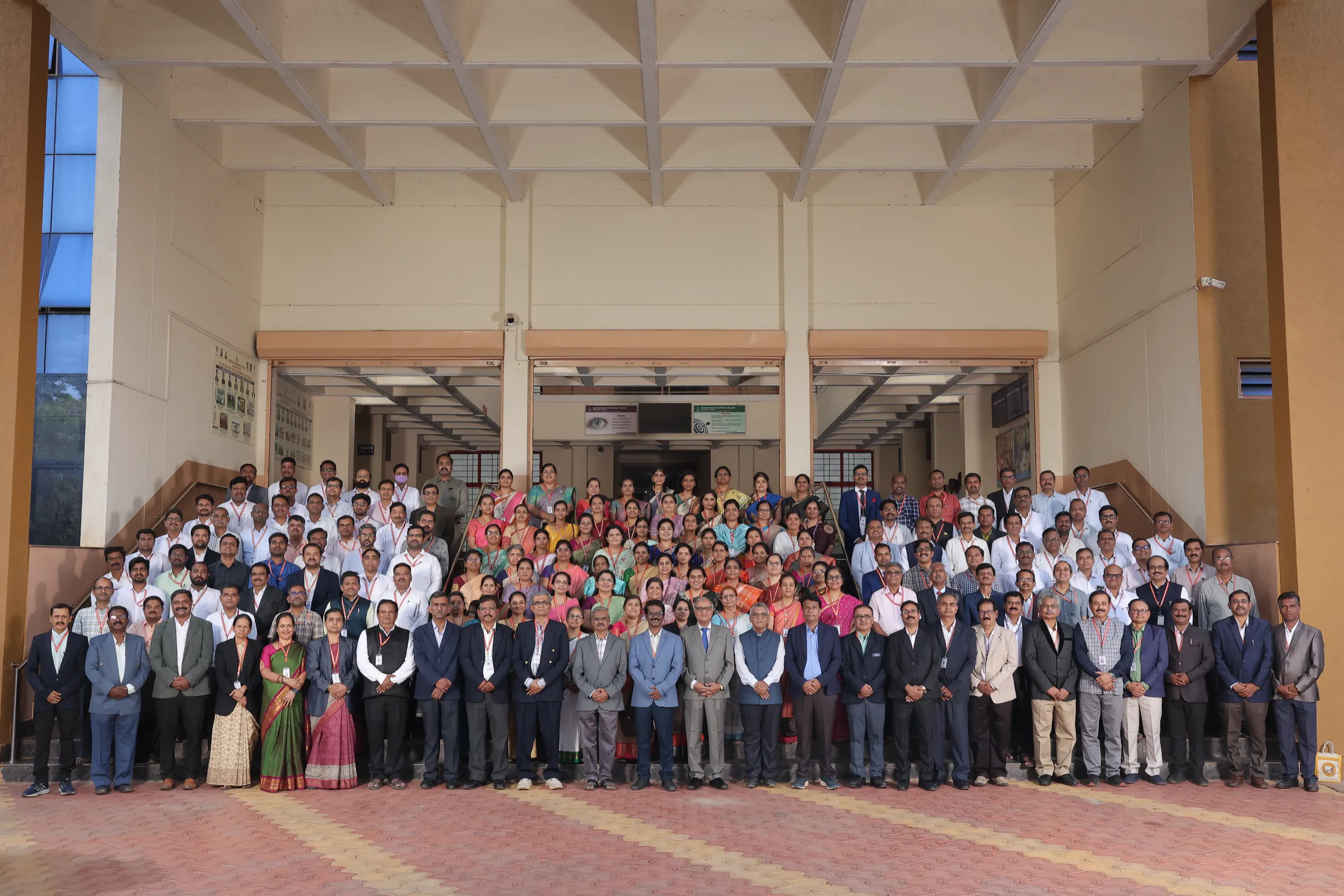 Faculty members of Basaveshwar Engineering College assembled at the campus entrance portico