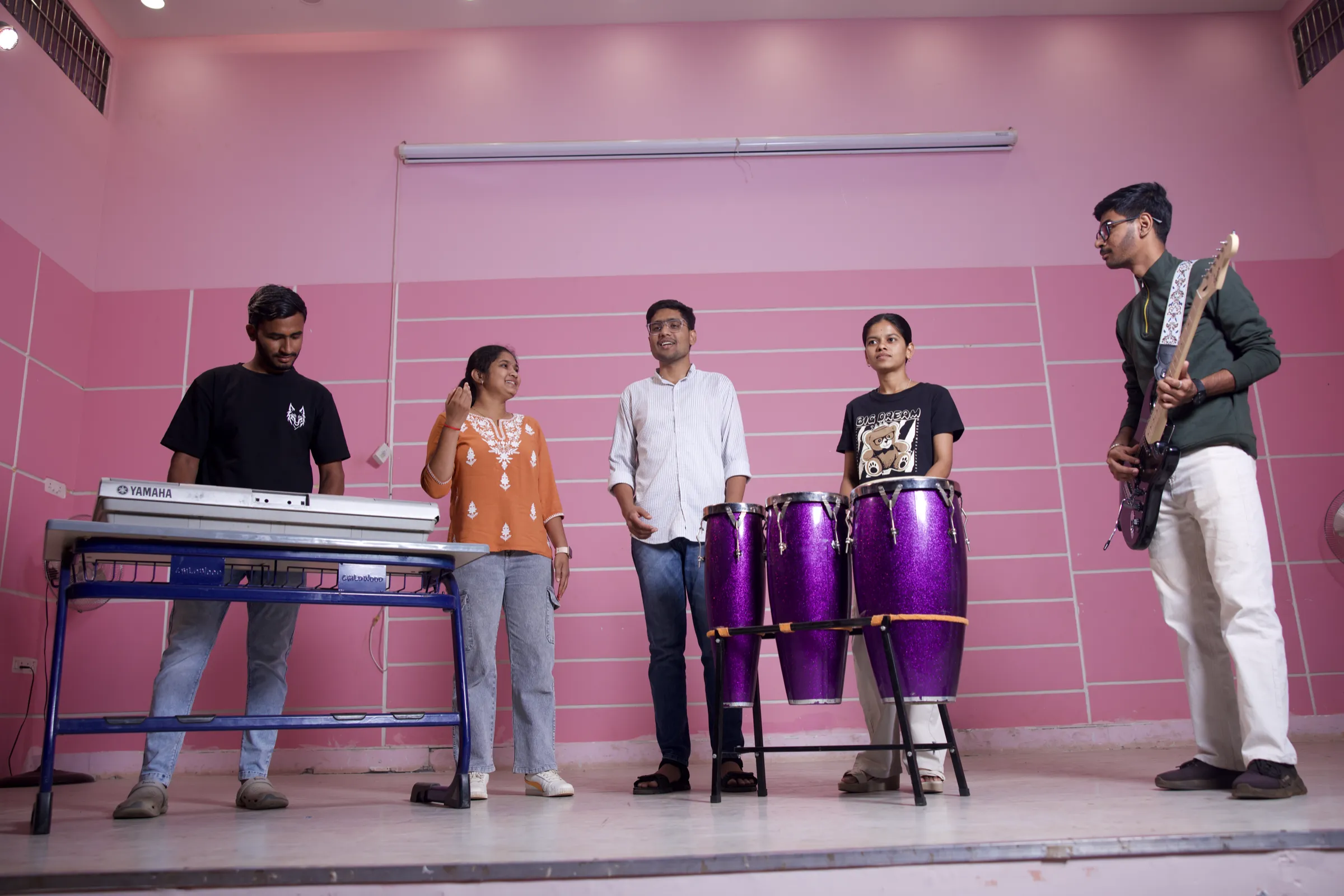 Student music band rehearsing in the BEC cultural hall
